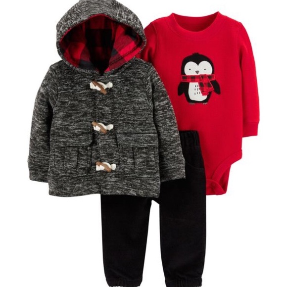 Carters Newborn Baby Boy NWT 2 Pc Set Red Penguin Long Sleeve Bodysuit and Pants